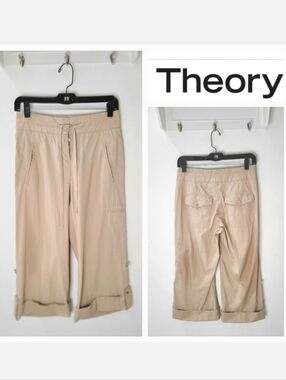 THEORY Rafael Flats Drawstring Waist Convertible Capri Pants in Sand Dune Tan Sm